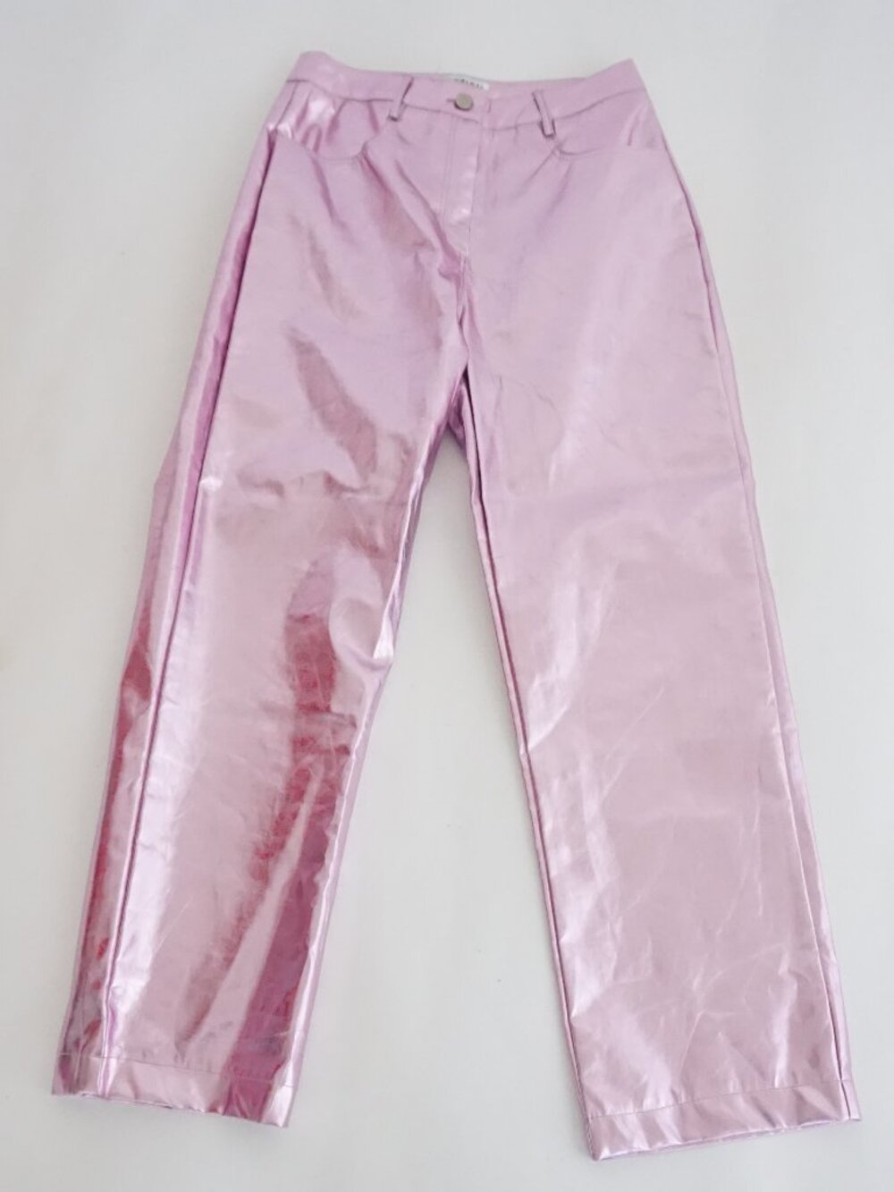 AMY LYNN Pink Metallic High Rise Straight Leg Festive Shiny Glam Pants 28
